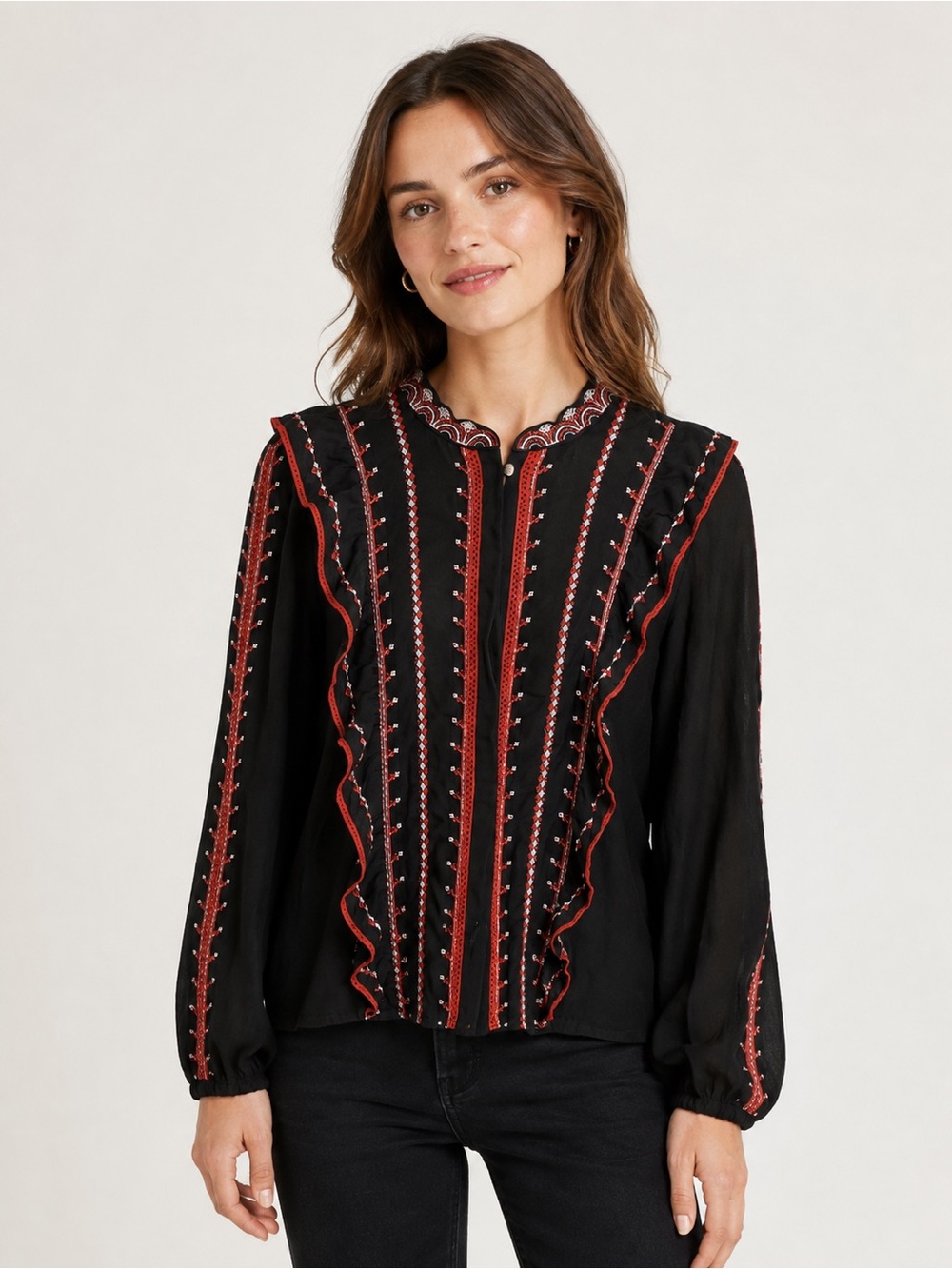 Zara Woman Embroidered Ruffle Boho Blouse Black Red Size Small